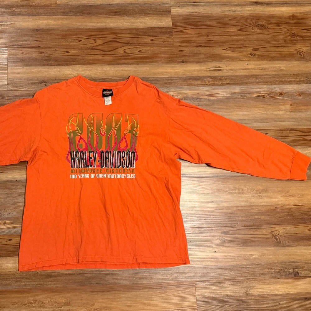 Harley-Davidson Mens Orange 100th Anniversary Flame Long Sleeve T-Shirt XL 2003